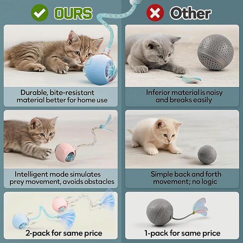 2-Pack Interactive Cat Ball Toys – Pink & Blue Combo – Automatic Rolling Balls with Long Tail & Feather, 3-Modes & USB Rechargeable for Indoor Cats in Saudi Arabia