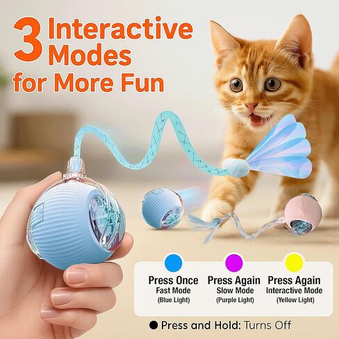 2-Pack Interactive Cat Ball Toys – Pink & Blue Combo – Automatic Rolling Balls with Long Tail & Feather, 3-Modes & USB Rechargeable for Indoor Cats in Saudi Arabia