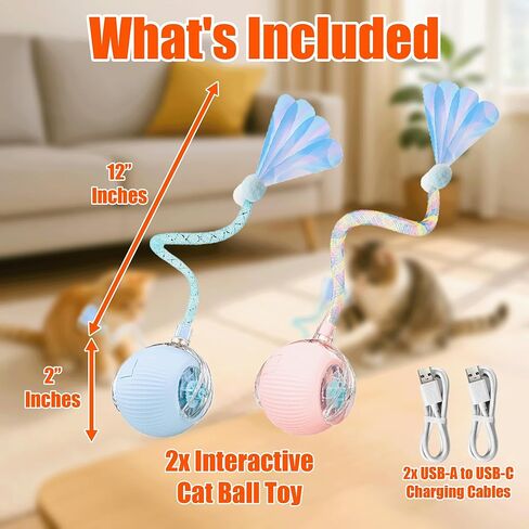 2-Pack Interactive Cat Ball Toys – Pink & Blue Combo – Automatic Rolling Balls with Long Tail & Feather, 3-Modes & USB Rechargeable for Indoor Cats in Saudi Arabia