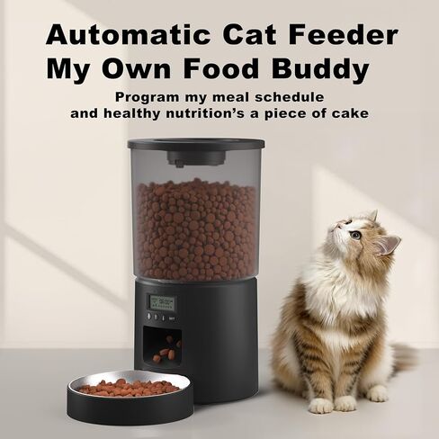 Automatic Cat Feeder 4.2L Cats,6 Meals/Day,Dual Power Portion Control Feeder,Dry Pet Food Auto Dispenser,Timer Setting,10S Voice Record (Transparent Black, Stainless Steel 2 Bowls) in Saudi Arabia