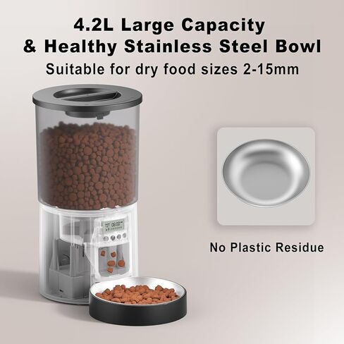 Automatic Cat Feeder 4.2L Cats,6 Meals/Day,Dual Power Portion Control Feeder,Dry Pet Food Auto Dispenser,Timer Setting,10S Voice Record (Transparent Black, Stainless Steel 2 Bowls) in Saudi Arabia