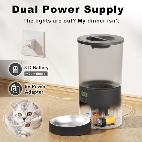 Automatic Cat Feeder 4.2L Cats,6 Meals/Day,Dual Power Portion Control Feeder,Dry Pet Food Auto Dispenser,Timer Setting,10S Voice Record (Transparent Black, Stainless Steel 2 Bowls) in Saudi Arabia
