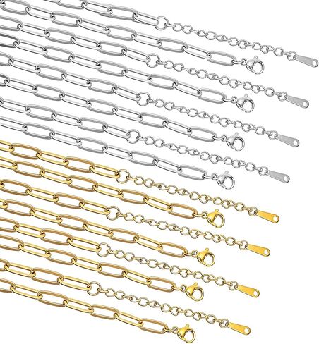 Okllen 16 Pack 18K Gold Plated Stainless Steel Paperclip Chains Bulk, Adjustable 18 Inch Charm Necklace Set with 2-Inch Extension for Women Jewelry Making, Gold&Silver in Saudi Arabia