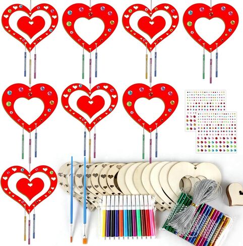 gisgfim 16 Pack Valentine's Day Wind Chime Kit Crafts for Kid Make Your Own Red Heart Wind Chime Love Unfinished Wooden DIY Coloring Arts Craft for School Home Valentines Hanging Decor Supply Favor in Saudi Arabia
