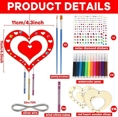 gisgfim 16 Pack Valentine's Day Wind Chime Kit Crafts for Kid Make Your Own Red Heart Wind Chime Love Unfinished Wooden DIY Coloring Arts Craft for School Home Valentines Hanging Decor Supply Favor in Saudi Arabia