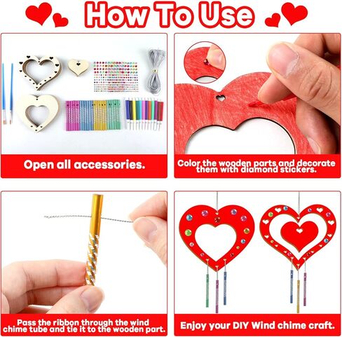 gisgfim 16 Pack Valentine's Day Wind Chime Kit Crafts for Kid Make Your Own Red Heart Wind Chime Love Unfinished Wooden DIY Coloring Arts Craft for School Home Valentines Hanging Decor Supply Favor in Saudi Arabia