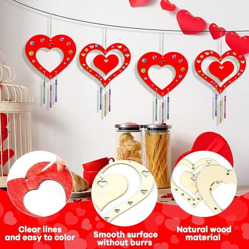 gisgfim 16 Pack Valentine's Day Wind Chime Kit Crafts for Kid Make Your Own Red Heart Wind Chime Love Unfinished Wooden DIY Coloring Arts Craft for School Home Valentines Hanging Decor Supply Favor in Saudi Arabia