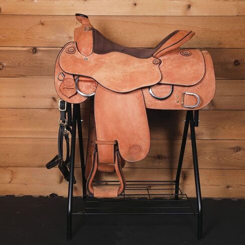 EASY-UP Folding Saddle Stand for Horses | Fits English & Western Saddles | Portable Freestanding Rack with Storage Shelf & Bridle Hook | Heavy-Duty Steel | Folds Flat | Color Black in Saudi Arabia