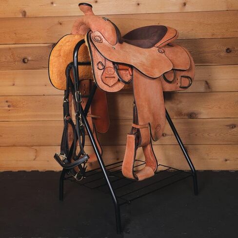 EASY-UP Folding Saddle Stand for Horses | Fits English & Western Saddles | Portable Freestanding Rack with Storage Shelf & Bridle Hook | Heavy-Duty Steel | Folds Flat | Color Black in Saudi Arabia