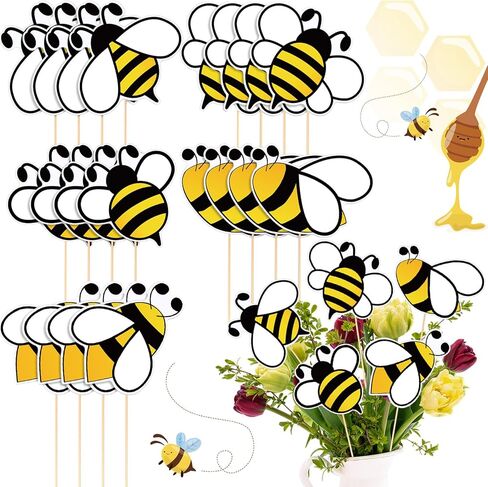Epakh 20 Pcs Bee Party Decorations Centerpiece Sticks, Cute Bee Floral Picks Table Toppers 12'' Double-Sided Paper Cutouts on Sticks for Birthday Party, Baby Shower & Honeybee Theme Decor in Saudi Arabia