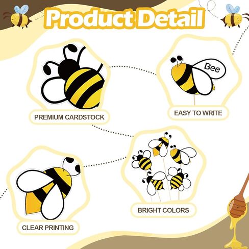 Epakh 20 Pcs Bee Party Decorations Centerpiece Sticks, Cute Bee Floral Picks Table Toppers 12'' Double-Sided Paper Cutouts on Sticks for Birthday Party, Baby Shower & Honeybee Theme Decor in Saudi Arabia