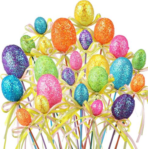 Leinuosen 24 Pcs Easter Egg Picks Glitter Foam Easter Cupcake Picks Spring Colorful Floral Egg Stems for Tree Topper Decor Basket DIY Crafts Centerpiece Celebration Home Vase Decor, Assorted Colors in Saudi Arabia