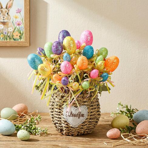 Leinuosen 24 Pcs Easter Egg Picks Glitter Foam Easter Cupcake Picks Spring Colorful Floral Egg Stems for Tree Topper Decor Basket DIY Crafts Centerpiece Celebration Home Vase Decor, Assorted Colors in Saudi Arabia