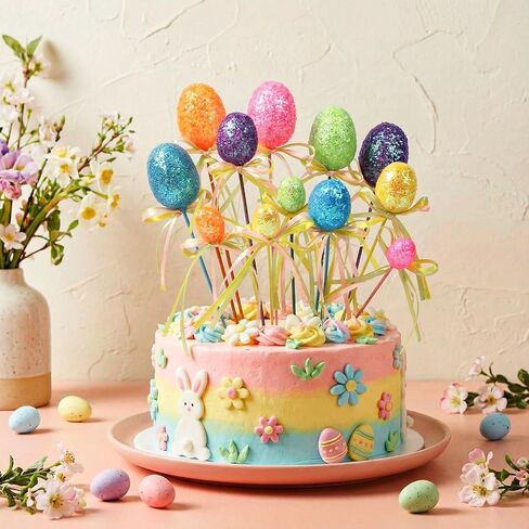 Leinuosen 24 Pcs Easter Egg Picks Glitter Foam Easter Cupcake Picks Spring Colorful Floral Egg Stems for Tree Topper Decor Basket DIY Crafts Centerpiece Celebration Home Vase Decor, Assorted Colors in Saudi Arabia