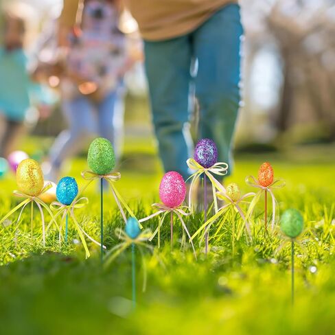 Leinuosen 24 Pcs Easter Egg Picks Glitter Foam Easter Cupcake Picks Spring Colorful Floral Egg Stems for Tree Topper Decor Basket DIY Crafts Centerpiece Celebration Home Vase Decor, Assorted Colors in Saudi Arabia
