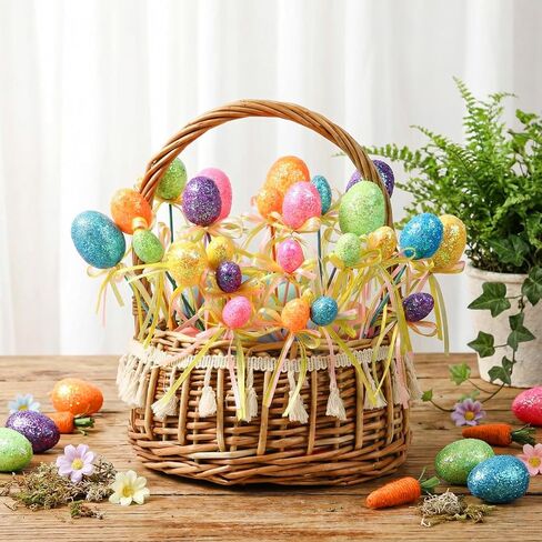 Leinuosen 24 Pcs Easter Egg Picks Glitter Foam Easter Cupcake Picks Spring Colorful Floral Egg Stems for Tree Topper Decor Basket DIY Crafts Centerpiece Celebration Home Vase Decor, Assorted Colors in Saudi Arabia