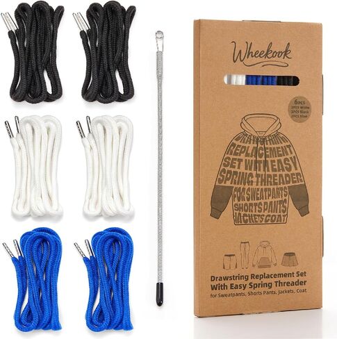 Easy Drawstring Pants Threader with 6 Replacements Draw Strings for Men & Women, 57 Inch Drawstring Cord for Shorts, Pants, Sweatpants, and Hoodies Repairing (Each 2 for Blue, White, Black Strings) in Saudi Arabia