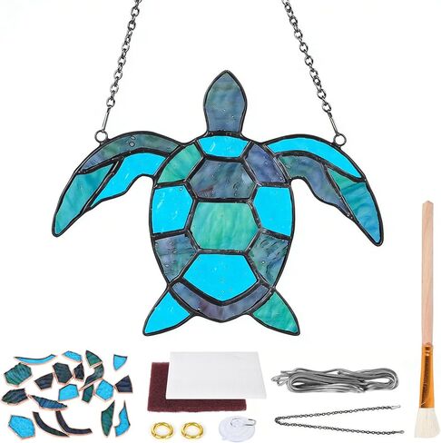 سلحفاة البحر 5.9 بوصة × 4.7 بوصة مجموعة من الزجاج الملون قبل القطع DIY حرفة للمبتدئين البالغين نافذة سلحفاة البحر الزرقاء معلقة مع سلسلة خطاف كأس الشفط جدار الفن ديكرو للمعلم مون الجدة صديق in Kuwait