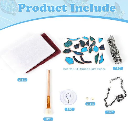 سلحفاة البحر 5.9 بوصة × 4.7 بوصة مجموعة من الزجاج الملون قبل القطع DIY حرفة للمبتدئين البالغين نافذة سلحفاة البحر الزرقاء معلقة مع سلسلة خطاف كأس الشفط جدار الفن ديكرو للمعلم مون الجدة صديق in Kuwait