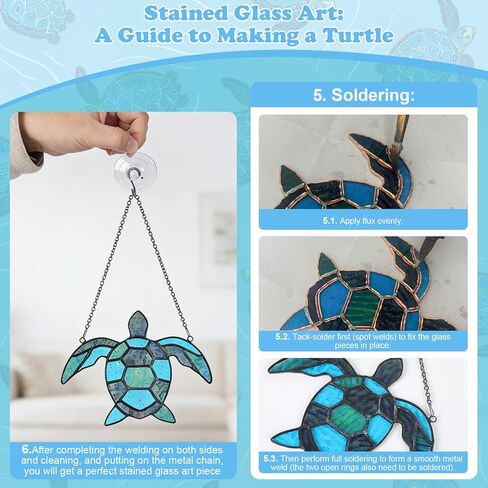 سلحفاة البحر 5.9 بوصة × 4.7 بوصة مجموعة من الزجاج الملون قبل القطع DIY حرفة للمبتدئين البالغين نافذة سلحفاة البحر الزرقاء معلقة مع سلسلة خطاف كأس الشفط جدار الفن ديكرو للمعلم مون الجدة صديق in Kuwait