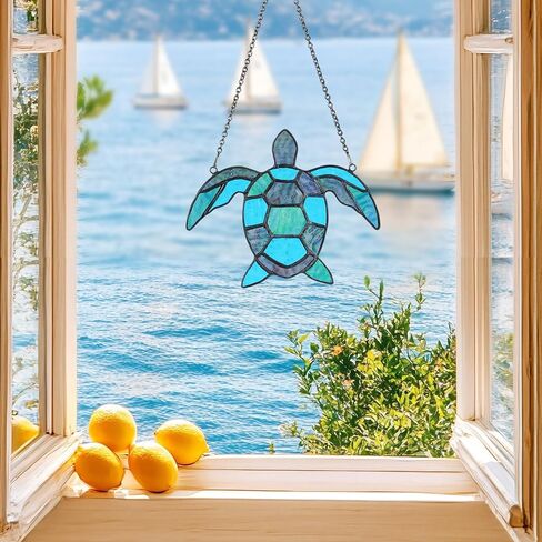 سلحفاة البحر 5.9 بوصة × 4.7 بوصة مجموعة من الزجاج الملون قبل القطع DIY حرفة للمبتدئين البالغين نافذة سلحفاة البحر الزرقاء معلقة مع سلسلة خطاف كأس الشفط جدار الفن ديكرو للمعلم مون الجدة صديق in Kuwait