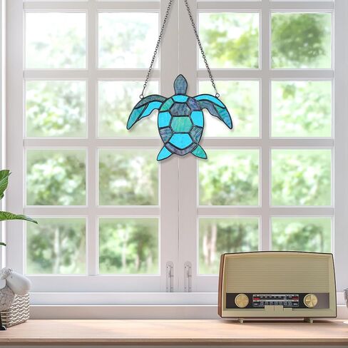 سلحفاة البحر 5.9 بوصة × 4.7 بوصة مجموعة من الزجاج الملون قبل القطع DIY حرفة للمبتدئين البالغين نافذة سلحفاة البحر الزرقاء معلقة مع سلسلة خطاف كأس الشفط جدار الفن ديكرو للمعلم مون الجدة صديق in Kuwait