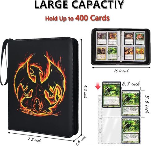 حافظة بطاقات بأكمام - حامل بطاقات بوكيمون بأربعة جيوب متوافق مع بطاقات التداول TCG، ألبوم تخزين البطاقات بسحاب للأولاد والبنات منظم يحمل ما يصل إلى 400 بطاقة in Kuwait