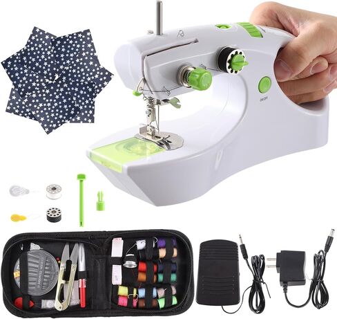 ماكينة خياطة محمولة بمحرك عزم دوران عالي مطور، ماكينة خياطة صغيرة محمولة باليد للمبتدئين، محمولة بدون أسلاك، مجموعة أدوات خياطة 7 أقمشة، وضعان لخيطين مع دواسة قدم، للسفر المنزلي in Kuwait