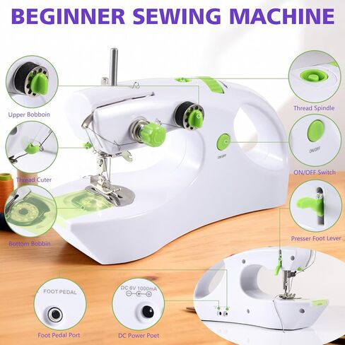 ماكينة خياطة محمولة بمحرك عزم دوران عالي مطور، ماكينة خياطة صغيرة محمولة باليد للمبتدئين، محمولة بدون أسلاك، مجموعة أدوات خياطة 7 أقمشة، وضعان لخيطين مع دواسة قدم، للسفر المنزلي in Kuwait
