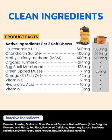 الجلوكوزامين للكلاب 260 قيراط يمضغ - 23 أونصة مضغ مكمل للورك والمفاصل للكلاب، مكمل كوندرويتين المشترك لمفاصل الكلاب، تركيبة مختبر الولايات المتحدة الأمريكية مع البروبيوتيك، دعم طبيعي للكلاب in Kuwait