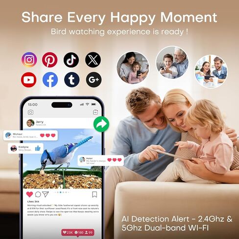 تغذية الطيور الذكية 2K HD 3MP كاميرا زجاجية نافذة قريبة، 2.4 جيجا و5 جيجا هرتز واي فاي تلقائي AI الطيور تلتقط تسجيل الأحداث على مدار الساعة طوال أيام الأسبوع، أكواب شفط بيت الطيور مع انعكاس مضاد للوهج للأطفال الأكبر سنًا in Kuwait