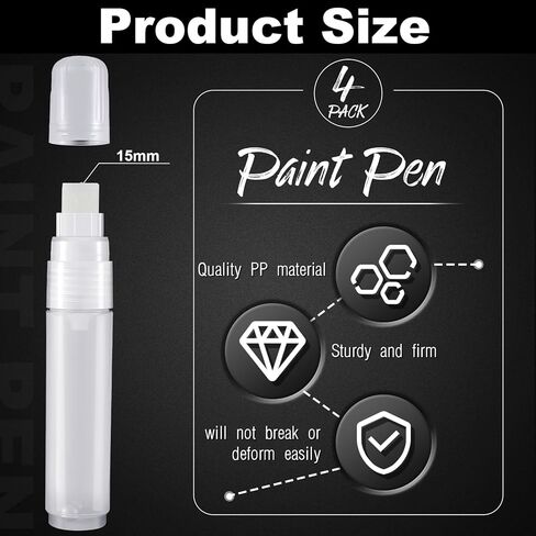 Epakh 4 Pack Refillable Paint Pens Empty Acrylic Touch up Pens for Leather Dye Permanent Clear White Marker Pen Fine Point Markers for Rock Painting Wood Ceramic Metallic Graffiti Drawing(15 mm) in Saudi Arabia
