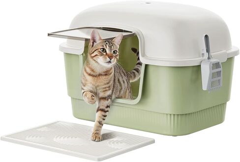 Cat Litter Box with Litter Mat and Scoop,High Wall Enclosed Cat Litter Boxes for Anti-Leakage, Covered Kitty Litter Box with Handle and Buckles for Portability and Privacy, Odor Control (Green) in Saudi Arabia
