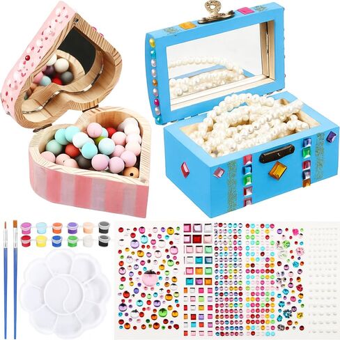 Kigley 2 Pack Paint Your Own Wooden Jewelry Box DIY Crafts Kits Heart Treasure Box Kit Unfinished Arts and Craft for Ages 3-12 Year Old Girls Boys Birthday Gifts Valentines Mother's Day Favors in Saudi Arabia