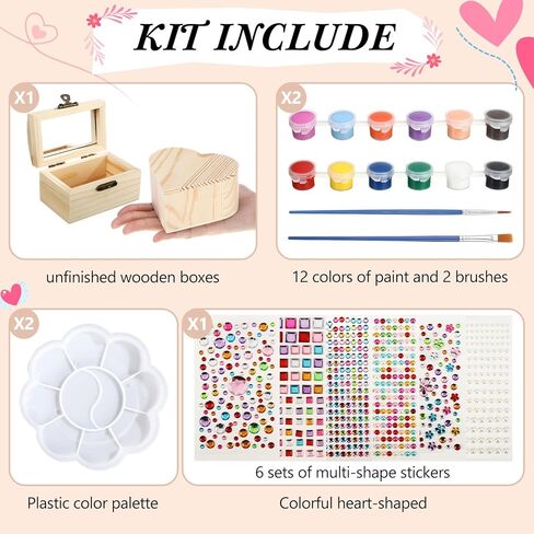 Kigley 2 Pack Paint Your Own Wooden Jewelry Box DIY Crafts Kits Heart Treasure Box Kit Unfinished Arts and Craft for Ages 3-12 Year Old Girls Boys Birthday Gifts Valentines Mother's Day Favors in Saudi Arabia