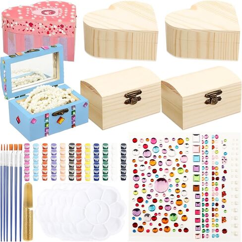 Kigley 2 Pack Paint Your Own Wooden Jewelry Box DIY Crafts Kits Heart Treasure Box Kit Unfinished Arts and Craft for Ages 3-12 Year Old Girls Boys Birthday Gifts Valentines Mother's Day Favors in Saudi Arabia