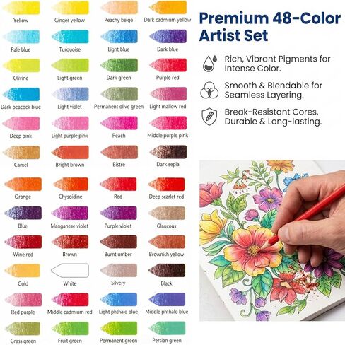 Colored Pencils Set with Sharpener, Soft Core Color Pencils for Adult Coloring Books, Artist Drawing, Sketching, Blending, Shading, Layering & Art Supplies (48 Colors) in Saudi Arabia