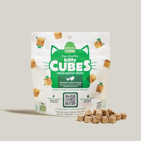 Open Farm, Kitty Cubes, Freeze Dried Raw Cat Treats, Grain-Free, High-Protein Cat Treat with Probiotics, Omega Fatty Acids & Superfoods, Chicken & Turkey Recipe, 1.5oz Bag in Saudi Arabia