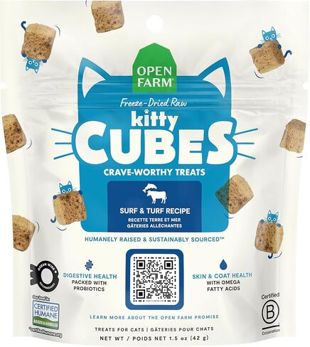 Open Farm, Kitty Cubes, Freeze Dried Raw Cat Treats, Grain-Free, High-Protein Cat Treat with Probiotics, Omega Fatty Acids & Superfoods, Chicken & Turkey Recipe, 1.5oz Bag in Saudi Arabia