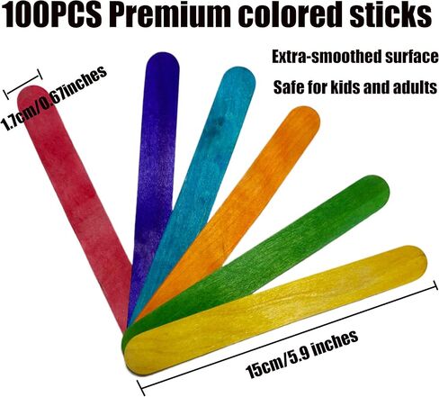 100 Pack Colored Jumbo Wooden Craft Sticks, Assorted Colors, 5.9 x 0.67 Inches, for DIY Arts, Home Projects, Classroom Supplies in Saudi Arabia