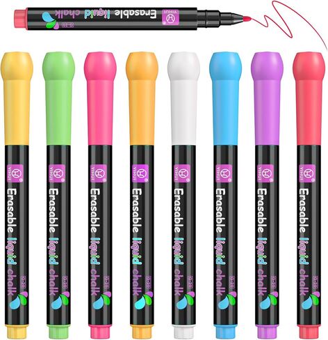 علامات الطباشير السائل من Geokay للوحة رسم LED - طرف رفيع بـ 8 ألوان، مسح رطب وجاف، متوافقة مع لوحات الملاحظات الأكريليك، لوحة رسم مضيئة، زجاج وألواح بيضاء للمنزل والفصول الدراسية والمكتب in Kuwait