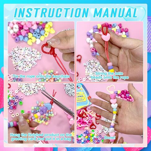 36 Set Valentine's Day DIY Keychain Making Crafts Kit Heart Key Ring Accessories Schoolbag Cards Colored Rope Letter and Heart Shape Beads for DIY Crafts Jewelry Making Keychains Valentine's Day Gift in Saudi Arabia