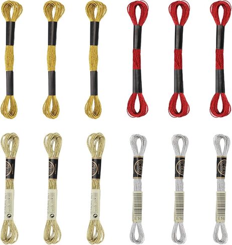 12 Skeins Metallic Embroidery Floss, Polyester Cross-Stitch Threads for Hand Embroidery, Glitter Embroidery Thread String, String Art DIY Bracelet(Gold+Yellow+Silver+Red) in Saudi Arabia