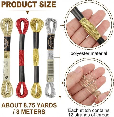 12 Skeins Metallic Embroidery Floss, Polyester Cross-Stitch Threads for Hand Embroidery, Glitter Embroidery Thread String, String Art DIY Bracelet(Gold+Yellow+Silver+Red) in Saudi Arabia