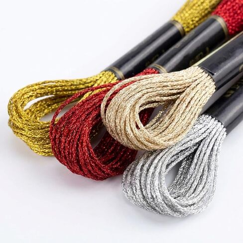 12 Skeins Metallic Embroidery Floss, Polyester Cross-Stitch Threads for Hand Embroidery, Glitter Embroidery Thread String, String Art DIY Bracelet(Gold+Yellow+Silver+Red) in Saudi Arabia
