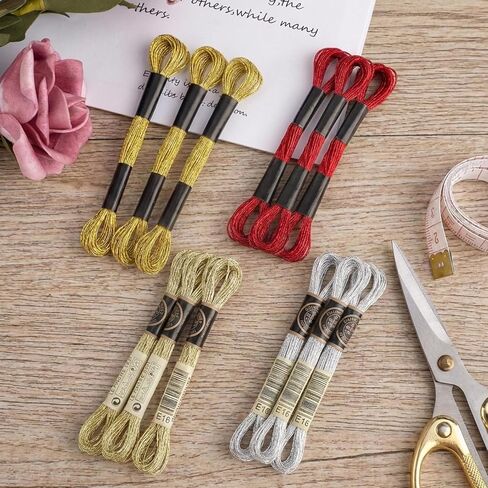 12 Skeins Metallic Embroidery Floss, Polyester Cross-Stitch Threads for Hand Embroidery, Glitter Embroidery Thread String, String Art DIY Bracelet(Gold+Yellow+Silver+Red) in Saudi Arabia