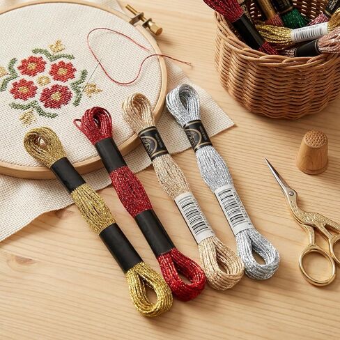 12 Skeins Metallic Embroidery Floss, Polyester Cross-Stitch Threads for Hand Embroidery, Glitter Embroidery Thread String, String Art DIY Bracelet(Gold+Yellow+Silver+Red) in Saudi Arabia