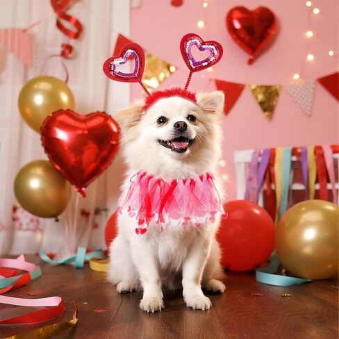 2 Pcs Valentines Day Pet Costumes - Small Dog & Cat Valentines Outfit (Collar and Headband), Red and Pink Themed Apparel for Small Pets in Saudi Arabia