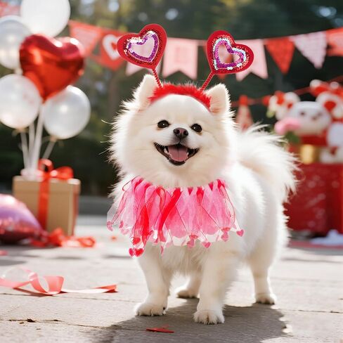 2 Pcs Valentines Day Pet Costumes - Small Dog & Cat Valentines Outfit (Collar and Headband), Red and Pink Themed Apparel for Small Pets in Saudi Arabia
