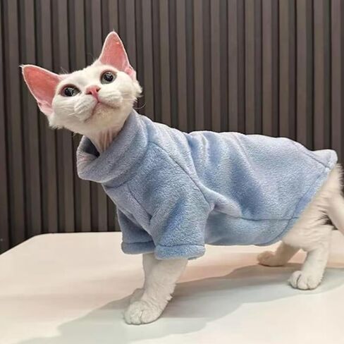 ملابس قطط من الفلانيل، سترة شتوية دافئة وناعمة وقميص ملابس للقطط من نوع Sphynx Devon والقطط الداخلية (أزرق، L) in Kuwait